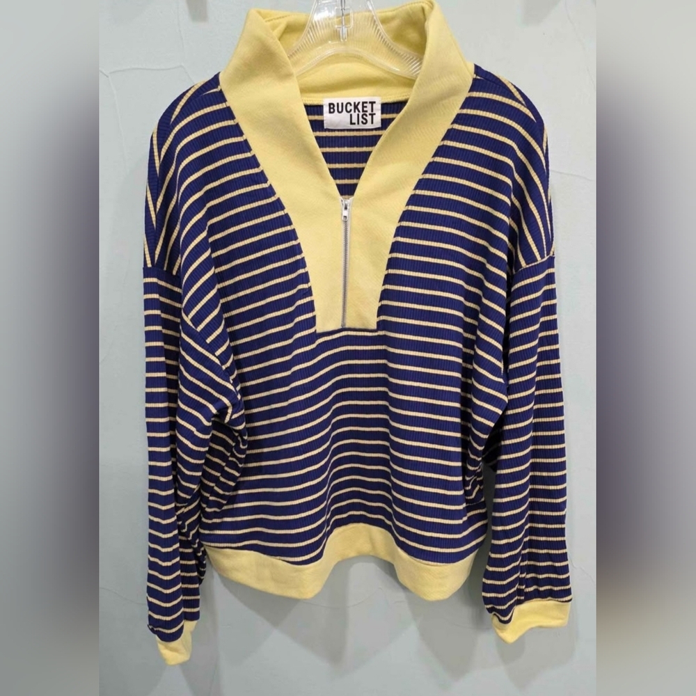 Striped Blue and Yellow Womens Matching Top And Wide Leg Pants Set - Picture 4 of 5